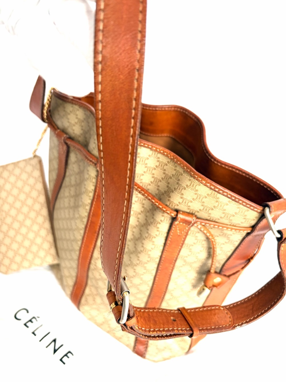 Vintage Celine Macadam Bucket Bag with Pouch and Dustbag - Beige Taupe Cognac - Picture 7 of 14